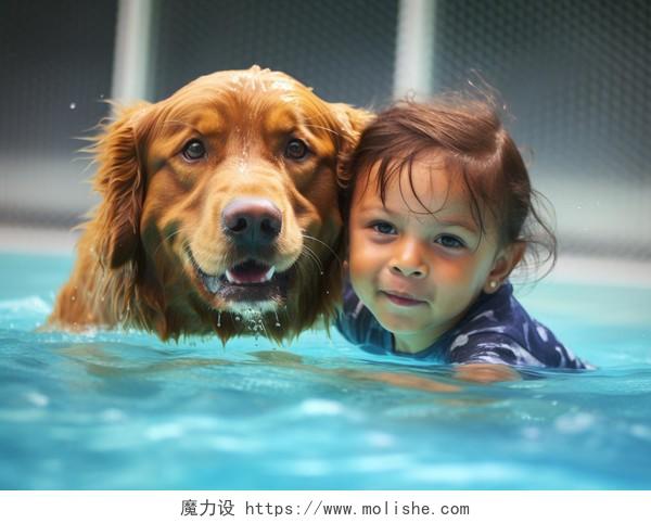 人类婴儿和金毛狗狗水下游泳嬉戏